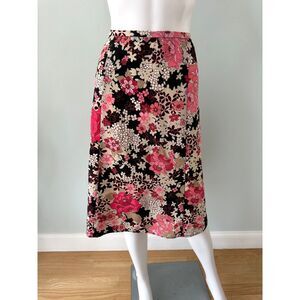 Vintage 90s Bold Floral Midi Skirt Pink Black Tan Retro High Waisted Boho sz L